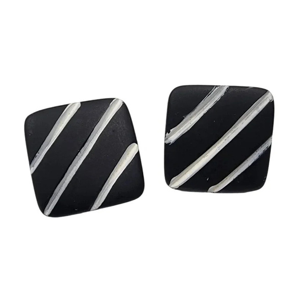 Vintage Jewelry - Vintage White Striped Black Square Stud Earrings